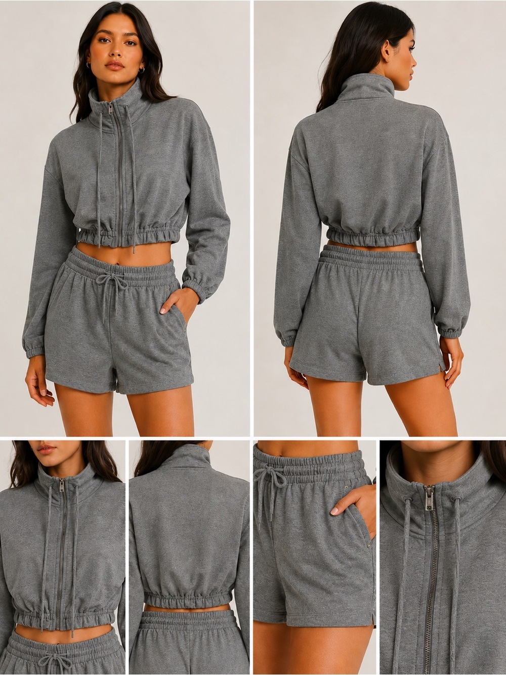 Forever 21 Gray Cropped Zip Jacket & Shorts 2-Piece Set